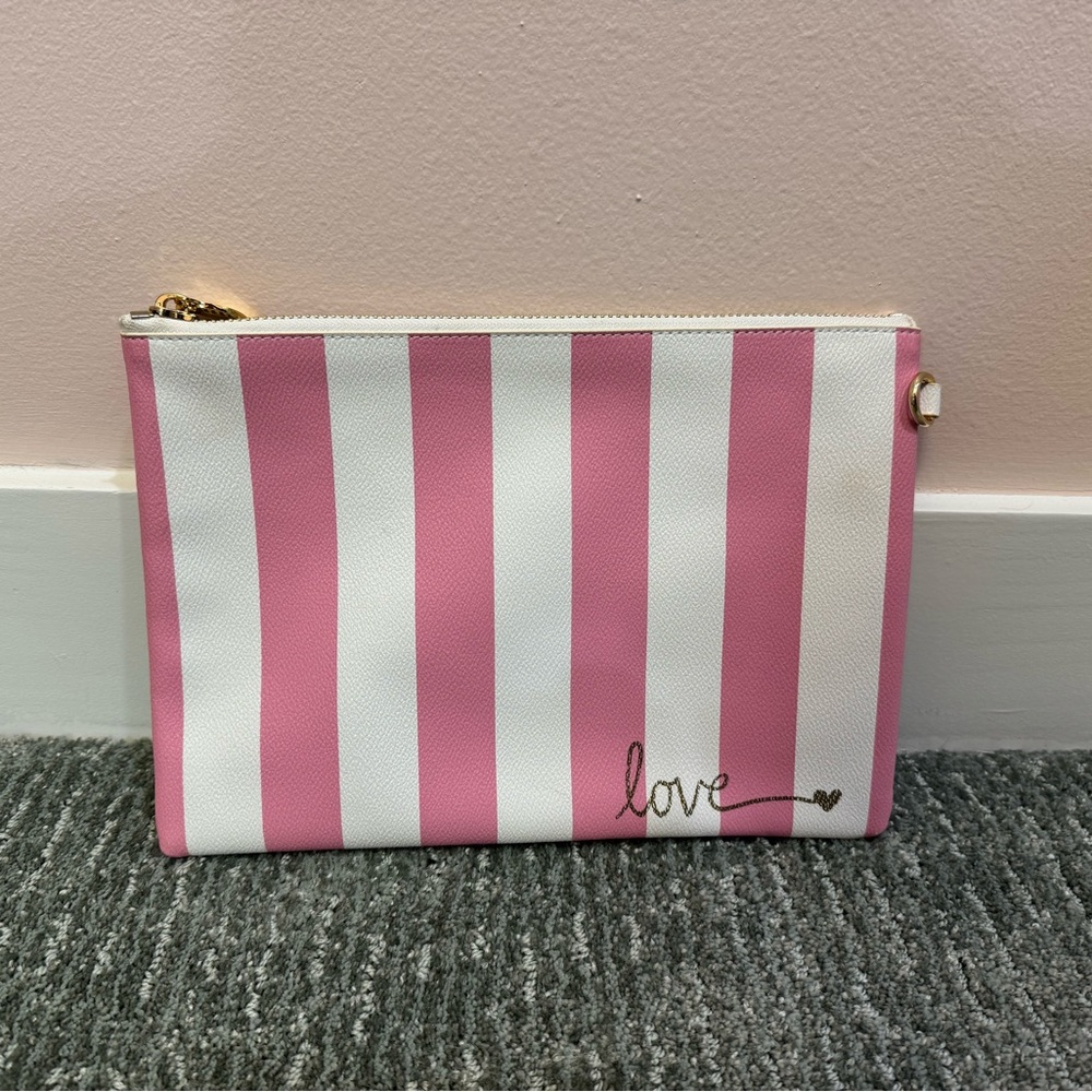 Stoney Clover Lane Pink & White Striped Pouch with Gold 'Love' Detail